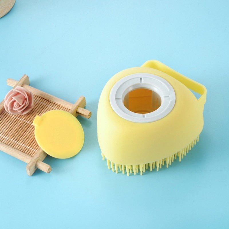 Yellow Shampoo Dispensing Pet Bath Massage Brush