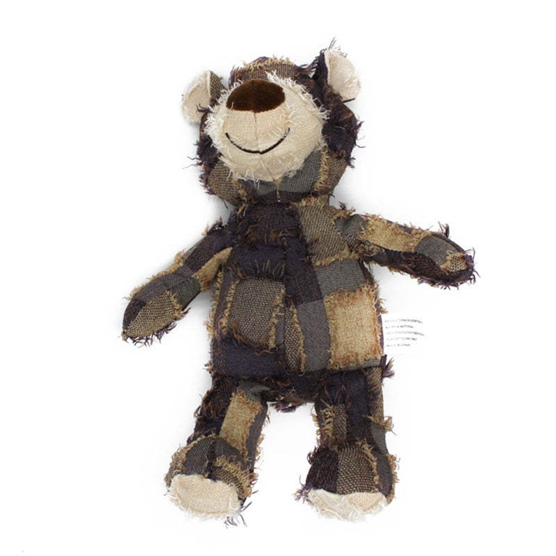 Tan Squeaky Patchwork Stuffed Bear Pet Toy