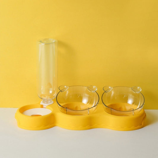 Yellow Double Pet Bowls With Water Dispenser