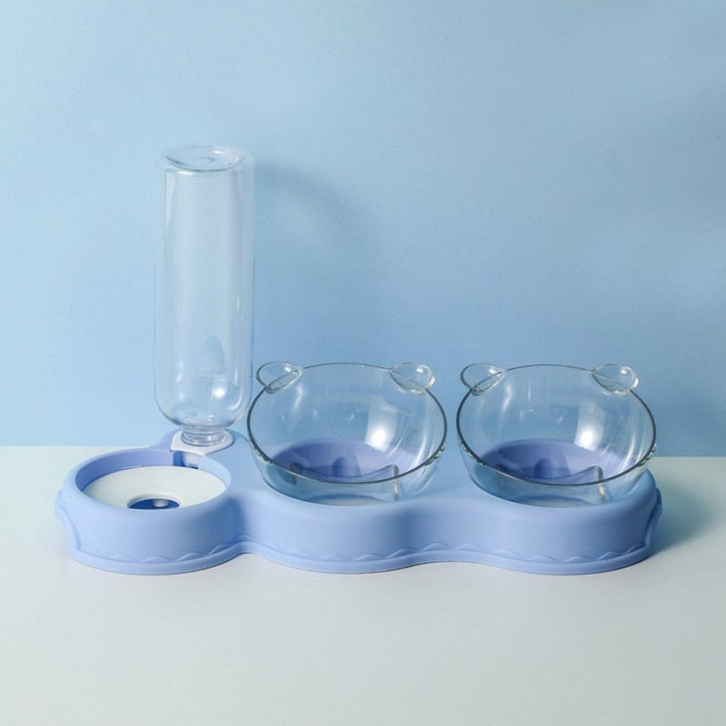 Blue Double Pet Bowls With Water Dispenser