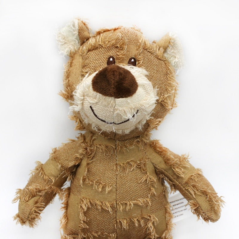 Tan Squeaky Patchwork Stuffed Bear Pet Toy