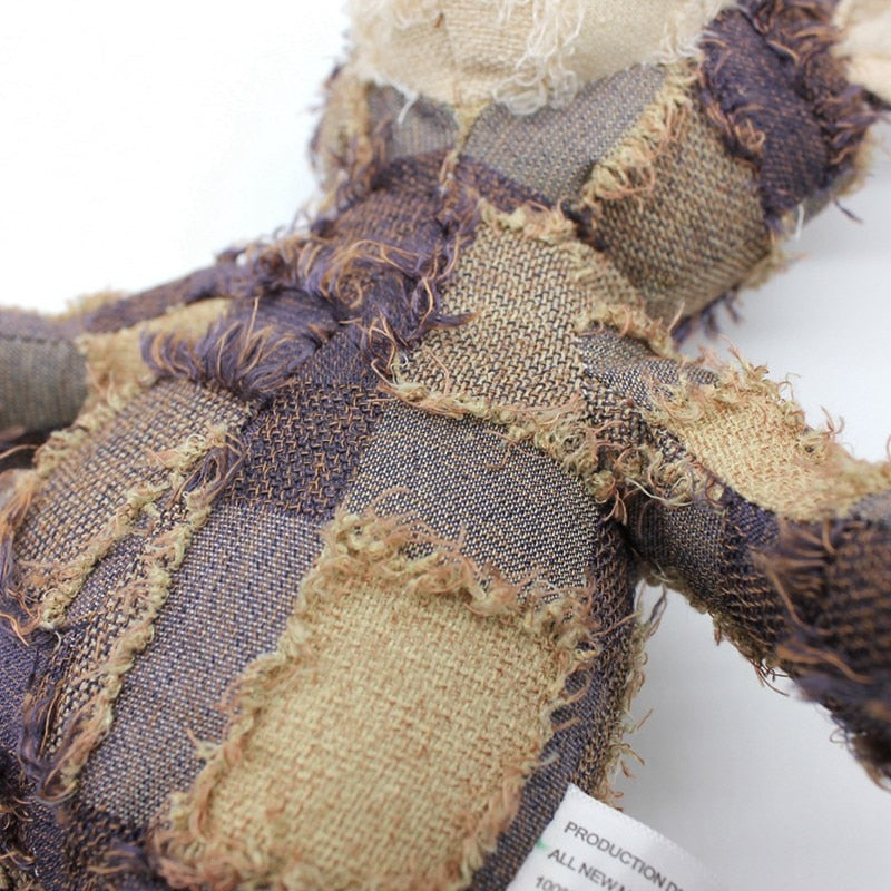 Tan Squeaky Patchwork Stuffed Bear Pet Toy