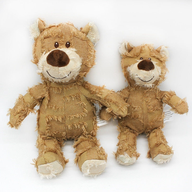 Tan Squeaky Patchwork Stuffed Bear Pet Toy