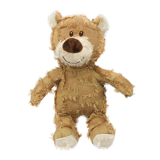 Tan Squeaky Patchwork Stuffed Bear Pet Toy