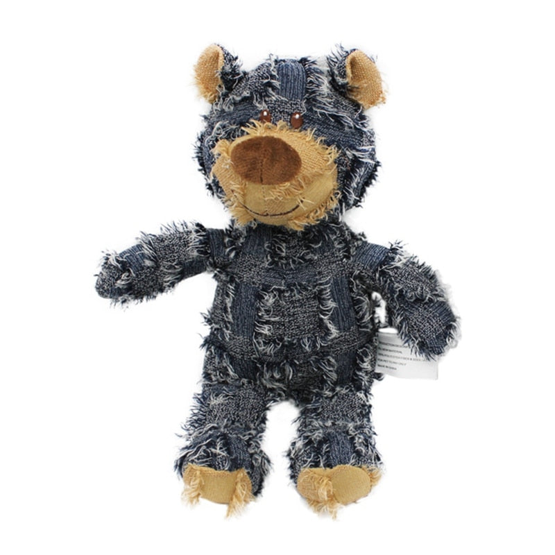 Tan Squeaky Patchwork Stuffed Bear Pet Toy