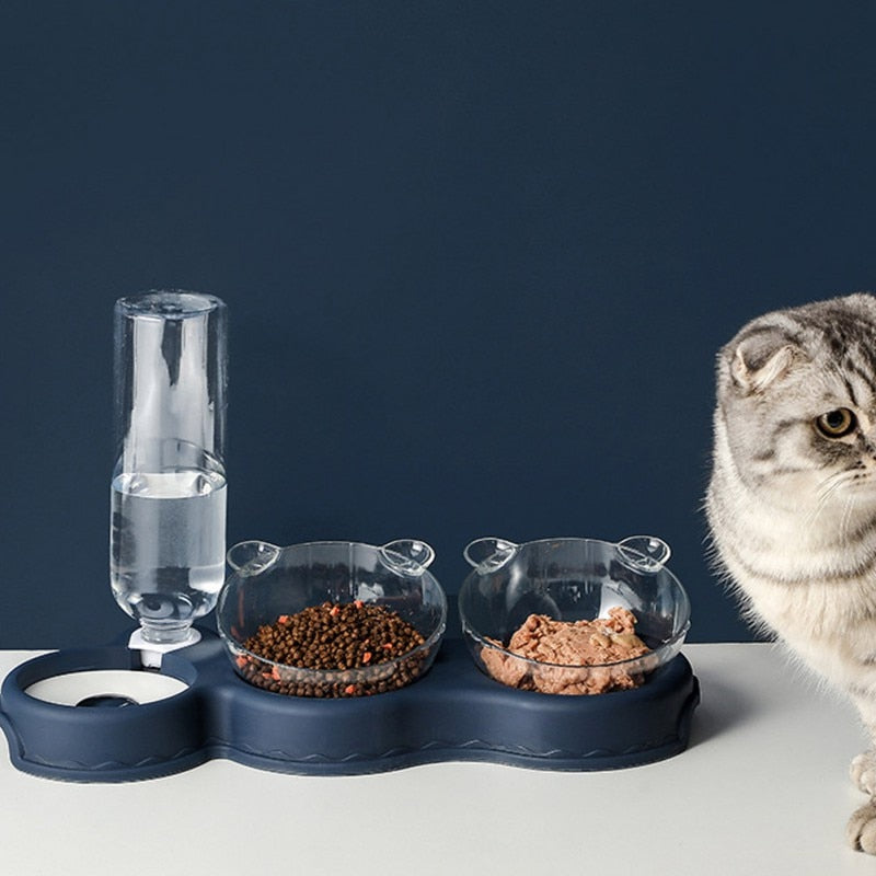 White Double Pet Bowls With Water Dispenser